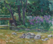 Mad River and Lilacs, oil on wood, 8" x 9.5", $180